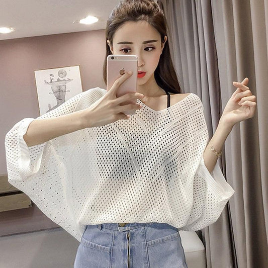 19 spring and summer new hollow sweater bat sleeve loose knit tops V-neck solid color coat large size women's cover shirt - Plushlegacy
