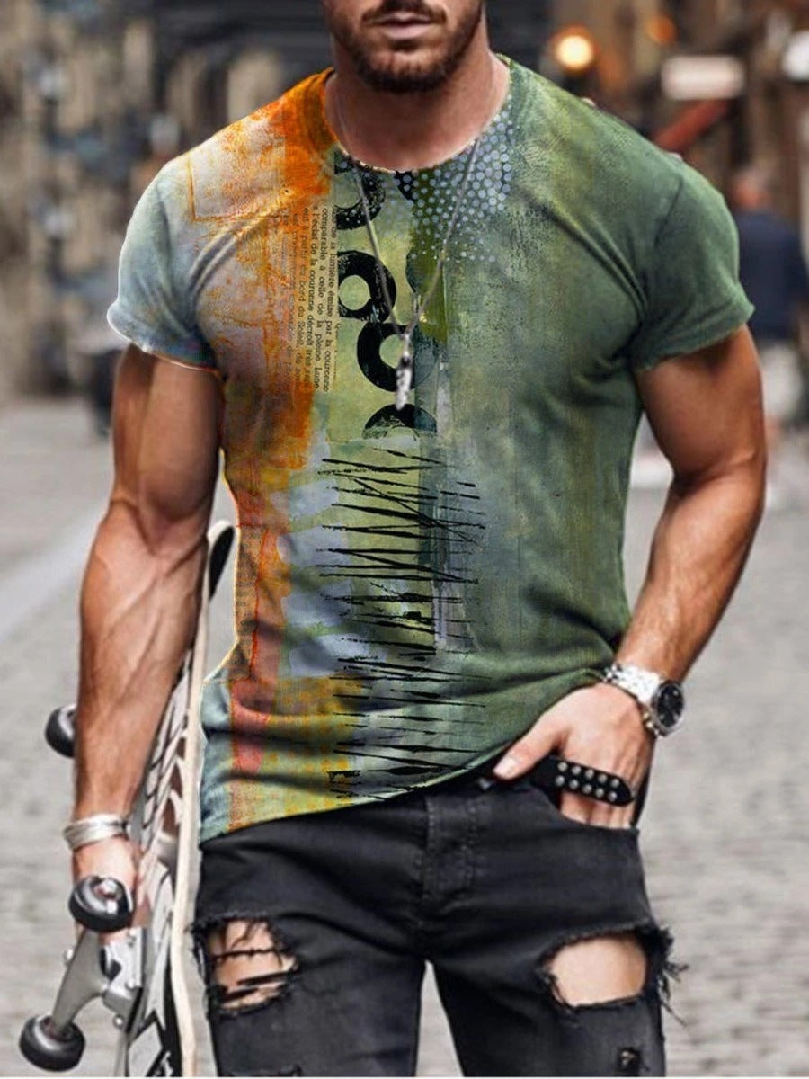 Mens Street Casual Trend Abstract Painting Print Short-Sleeved T-Shirt