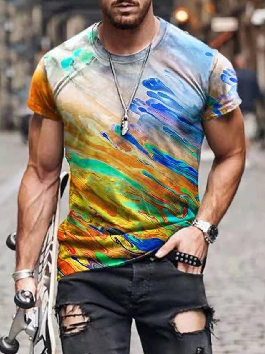 Mens Street Casual Trend Abstract Painting Print Short-Sleeved T-Shirt