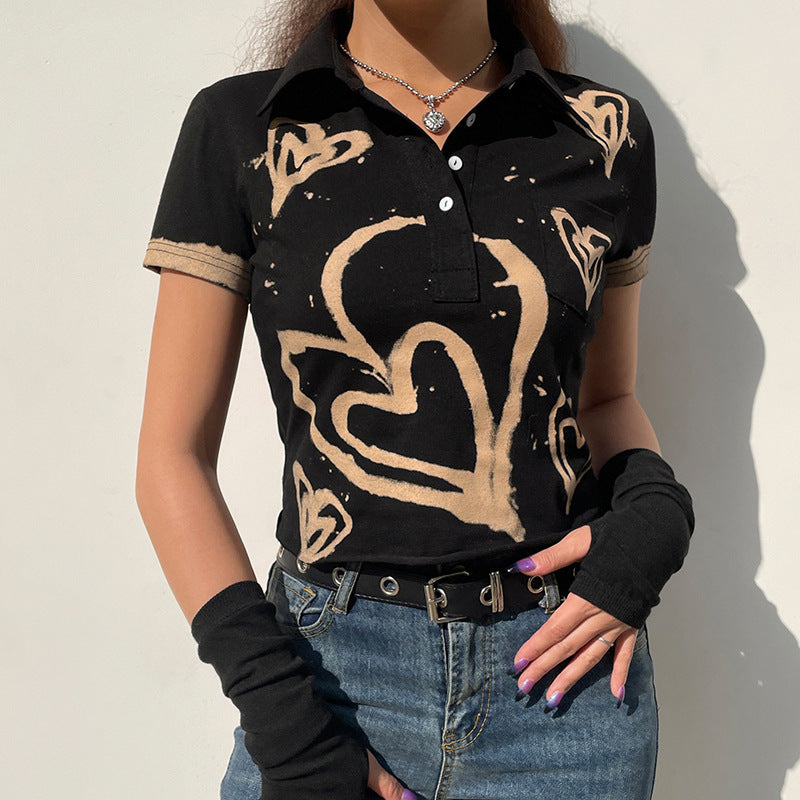 Vintage Fashion Heart Printing Short Sleeve T-shirt Turn Down Collar Streetwear Crop Top - Plushlegacy