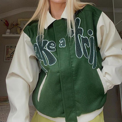 Bomber Jacket Women Green Contrast Sleeve PU Leather Coat Outerwear TAKE A TRIP Letter Applique Female Autumn Baseball Jackets - Plushlegacy