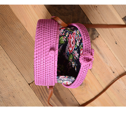 Woven Rattan Bag Round Straw Shoulder Bag Small Beach HandBags Women Summer Hollow Handmade Messenger Crossbody Bags - Plushlegacy
