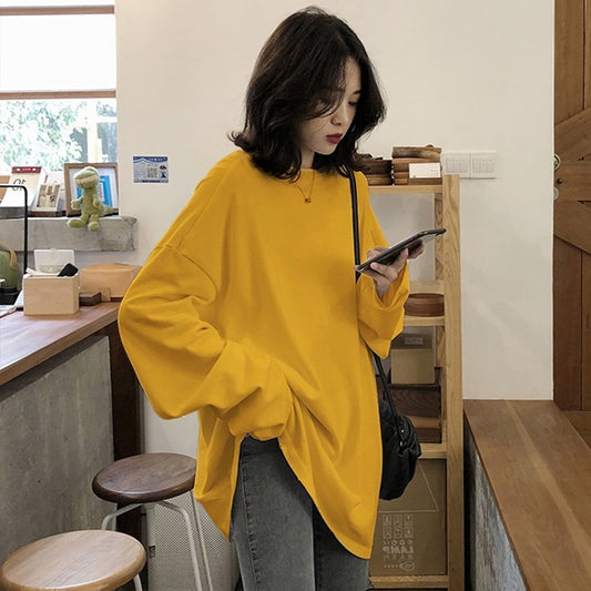 Spring Solid Simple oversized tshirt harajuku long T Shirt Women kawaii T-shirts Women 90s White yellow long Sleeve Tops - Plushlegacy