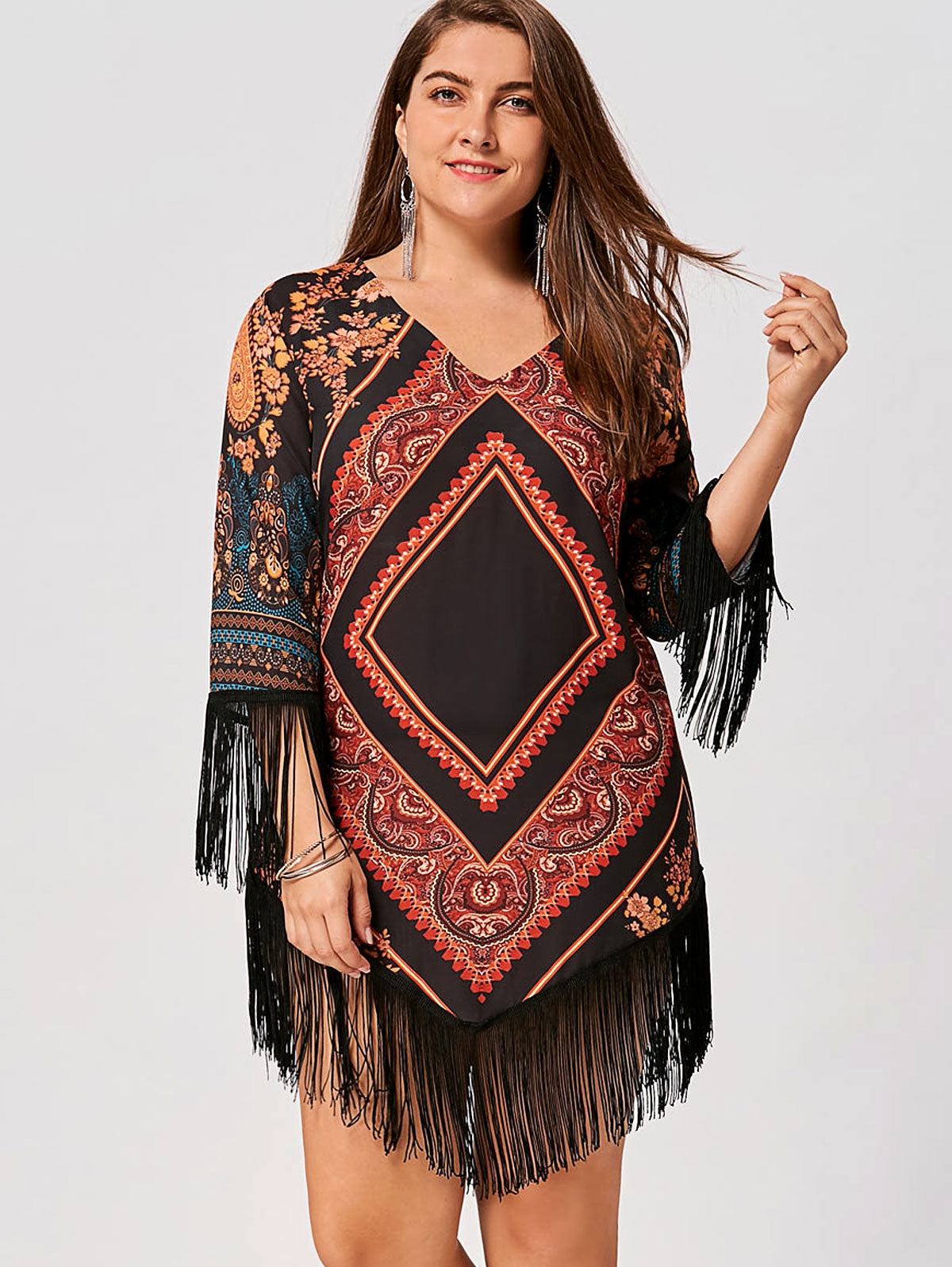 Plus Size Tribal Printed Chiffon Tassel Dress - Plushlegacy