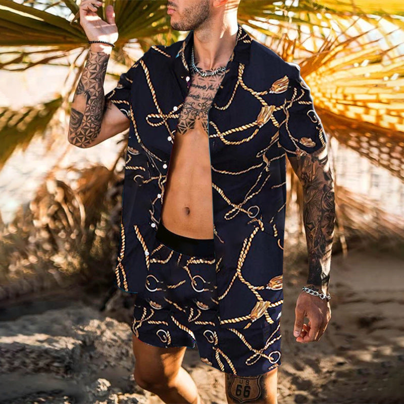 Summer Men Hawaiian Sets Printed Breathable Lapel Short Sleeve Shirtelastic Waist Beach Shorts Streetwear Casual Men Sets 2 Piec