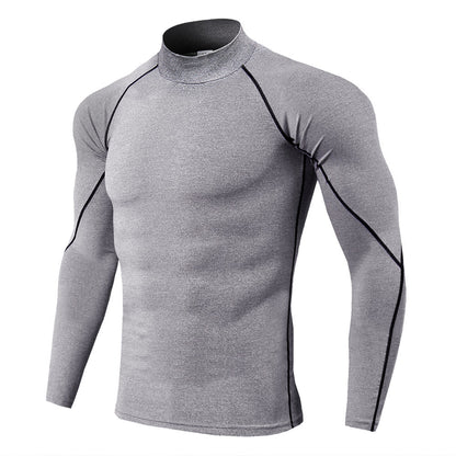 Men's high collar fitness long sleeve Pro sports running long sleeve T-shirt autumn and winter elastic speed - Plushlegacy