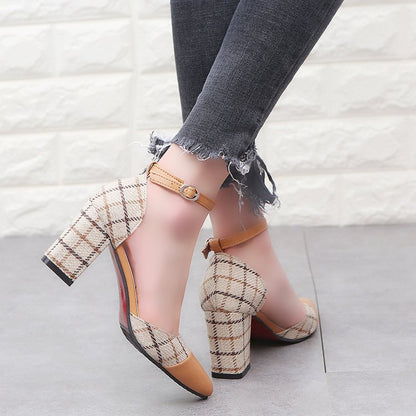 Thick heel high heels fashion color matching buckle shoes