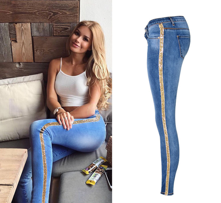 European and American women's low waist slim double side metal color embroidered sequins elastic denim pants - Plushlegacy