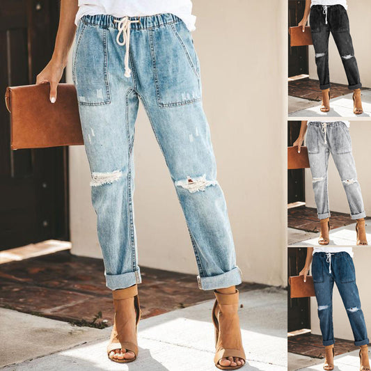 spring and summer casual street hipster washed fashion straight leg pants women ripped jeans - Plushlegacy
