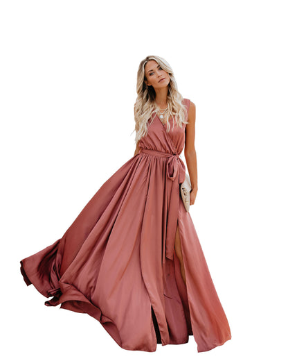 summer new bohemian solid color V-neck sleeveless high slits large swing dress long skirt - Plushlegacy