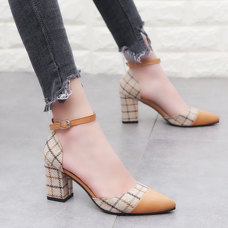 Thick heel high heels fashion color matching buckle shoes