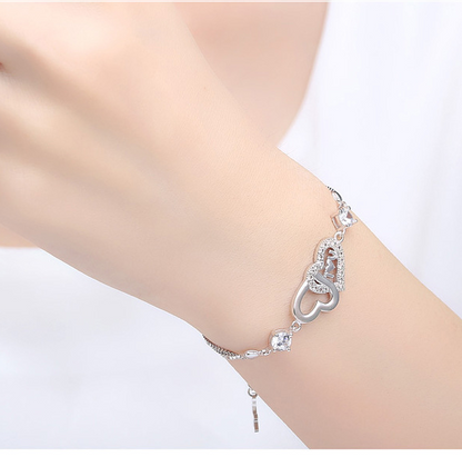 925 Sterling Silver Diamante Bracelet Double Heart