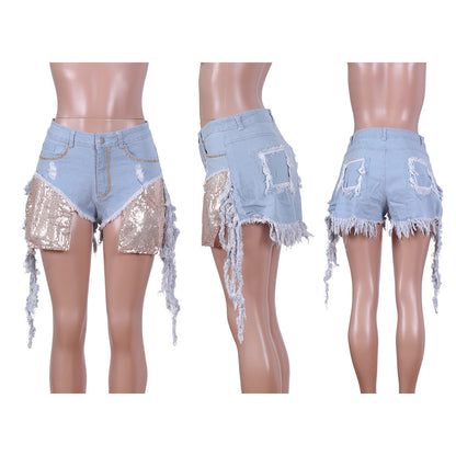 Q345 added European and American sequins pocket hot drilling water jeans (pants only) - Plushlegacy