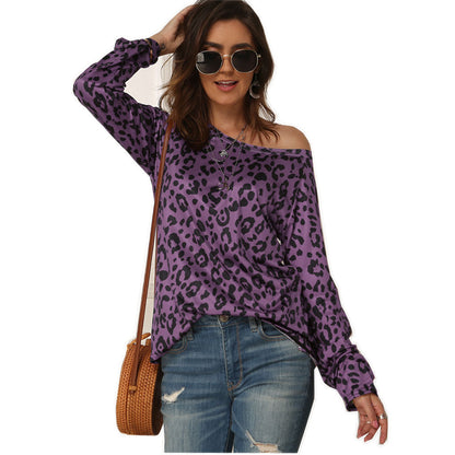 spring and summer hot sale new independent station explosion model long sleeve print be shoulder T-shirt European women's clothing - Plushlegacy