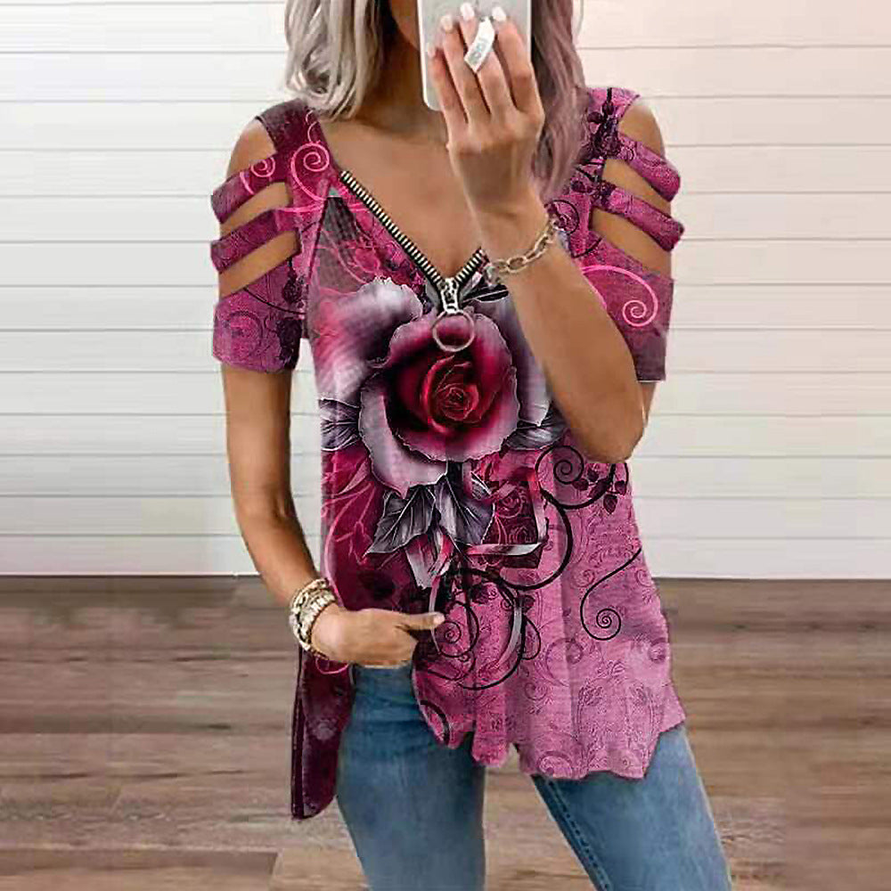 Women's Printed Short Sleeve Off Shoulder V Neck Casual Loose T-Shirt - Plushlegacy