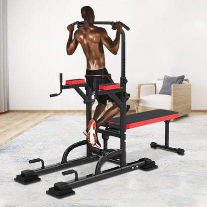 Power Tower Dip Station With Bench Bar Adjustable P U Ll Up Bar Station Home GYM - Plushlegacy