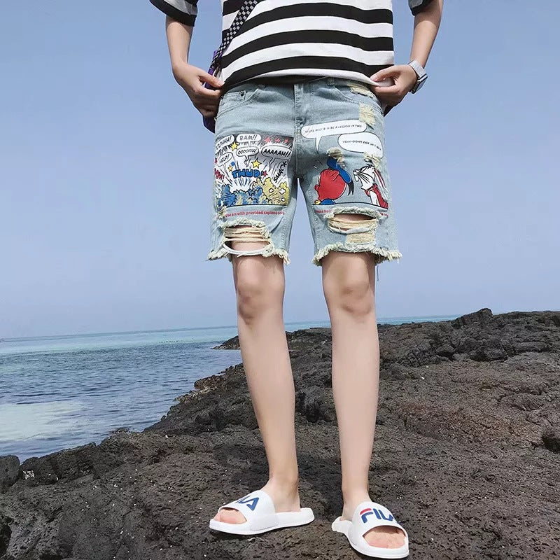 Summer cartoon new men's loose hole five pants Korean version of the trend jeans student short pants uzlang - Plushlegacy