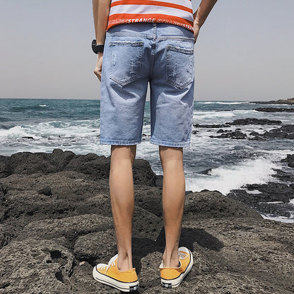 Summer Personality Cowboy Shorts Korean version of the body slim big broken fashion trend five points denim short pants - Plushlegacy