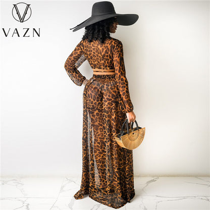 VAZN Spring and Summer European and American Women's Leopard Print Chiffon Print Skirt Set of 2 Pieces (Without Underwear) - Plushlegacy