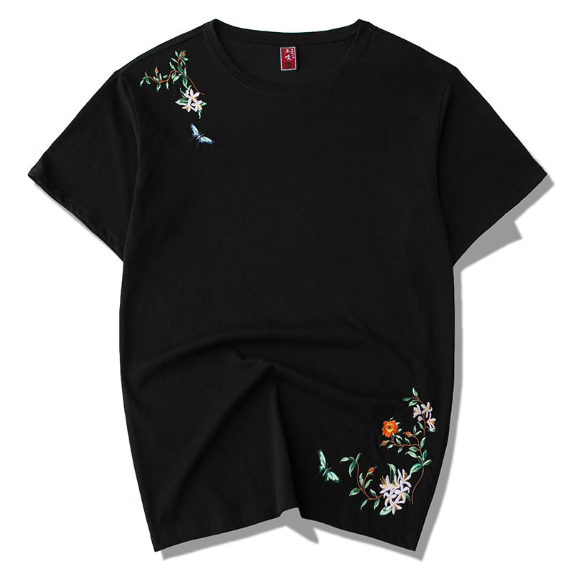 new style men's T-shirt large size fairy crane embroidery cotton short-sleeved men's casual wild loose half sleeves - Plushlegacy