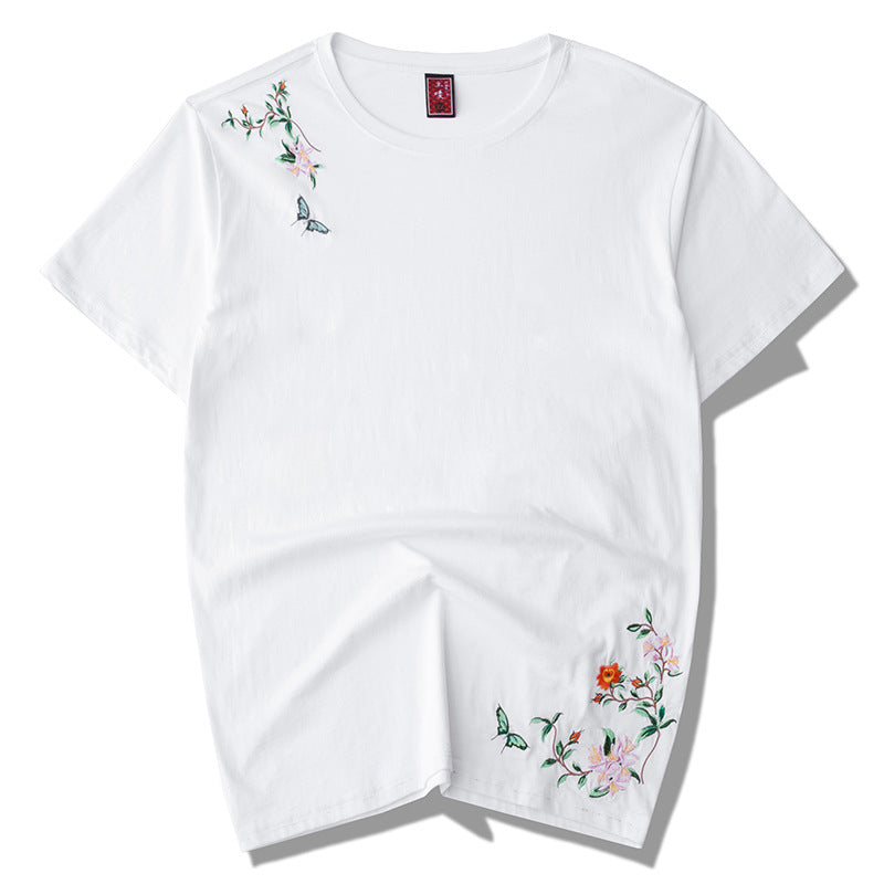 new style men's T-shirt large size fairy crane embroidery cotton short-sleeved men's casual wild loose half sleeves - Plushlegacy