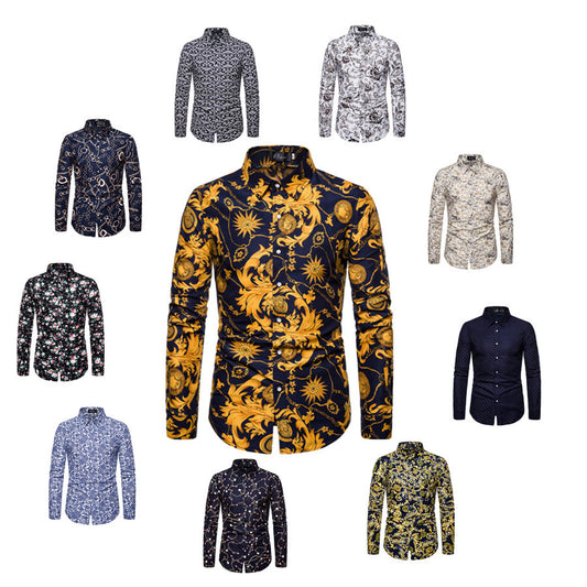 cross-border foreign trade ten color print men's shirt European and American casual large size long-sleeved shirt men's Code flower shirt - Plushlegacy