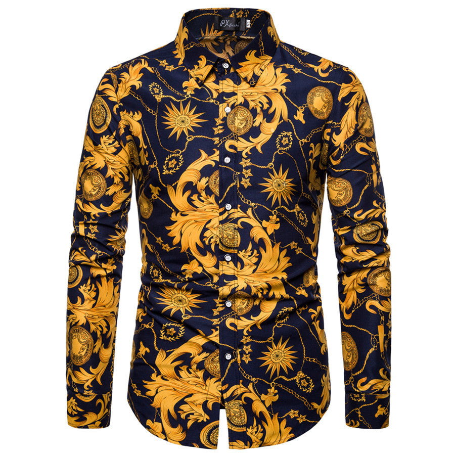cross-border foreign trade ten color print men's shirt European and American casual large size long-sleeved shirt men's Code flower shirt - Plushlegacy