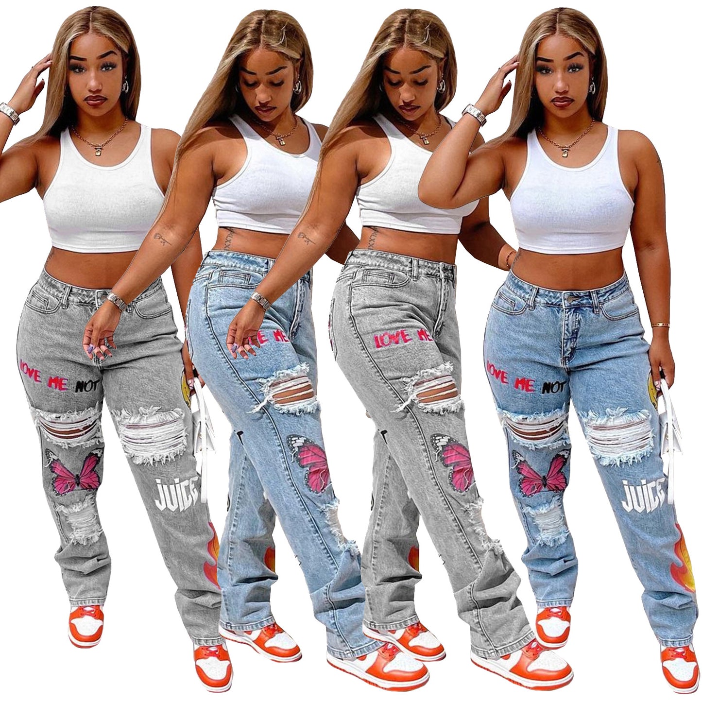 Women's Digital Positioning Print Ripped Fashion Jeans