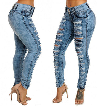Ripped High-waisted Breasted Jeans With Small Feet - Plushlegacy