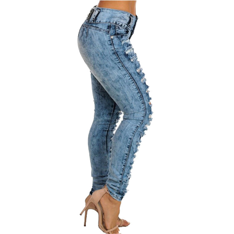 Ripped High-waisted Breasted Jeans With Small Feet - Plushlegacy