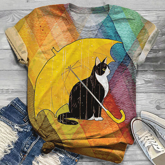 3D Animal Cat Umbrella Print Short Sleeve Top T-shirt - Plushlegacy