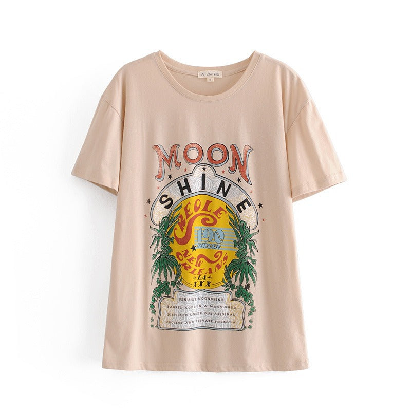 2021 Spring Turtleneck Round Neck Short Sleeve Moonlight Print Loose Women's T-shirt Top - Plushlegacy