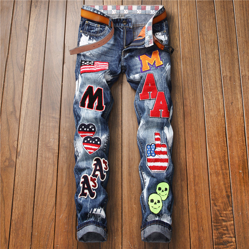 Autumn And Winter New Small Straight Embroidered Flag Badge Paint Men'S Slim Non-Stretch Jeans Trend Men'S Trousers - Plushlegacy