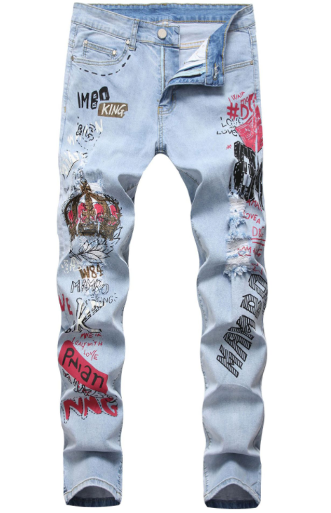 High Street Hip-Hop Ripped Print Stretch Jeans - Plushlegacy