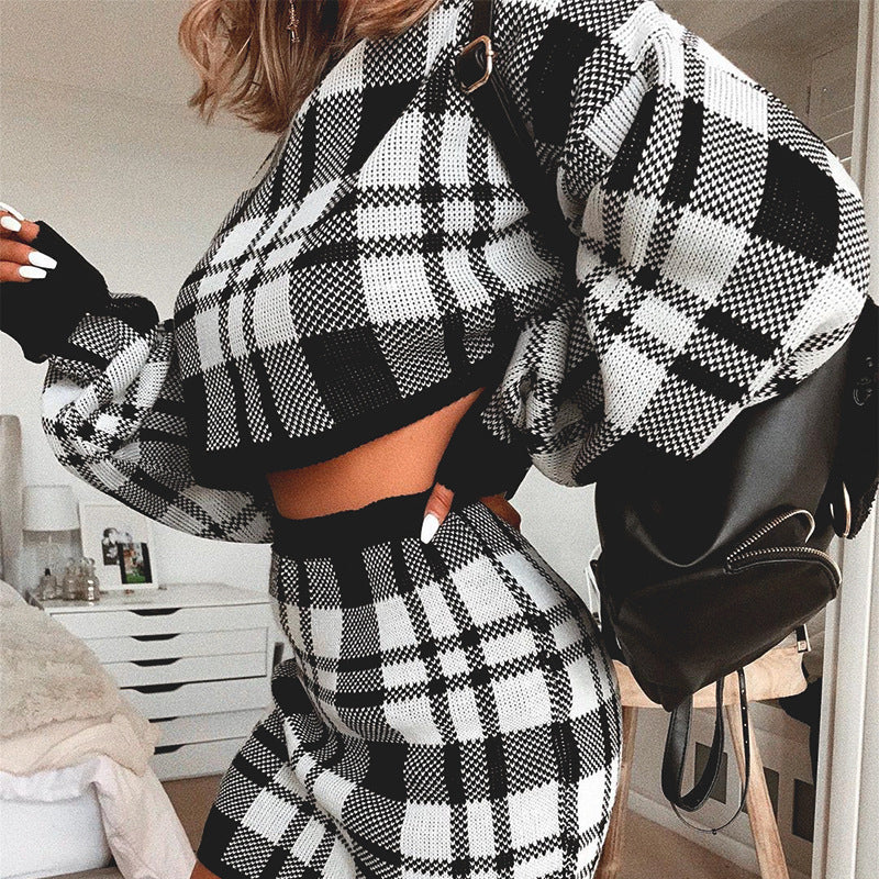 Women's Tracksuit Elegant Office Two Piece Set Plaid Sweater Outfit Long Sleeve Crop Top And Skirt Set - Plushlegacy