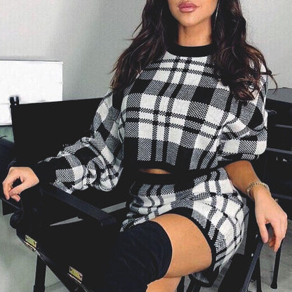 Women's Tracksuit Elegant Office Two Piece Set Plaid Sweater Outfit Long Sleeve Crop Top And Skirt Set - Plushlegacy
