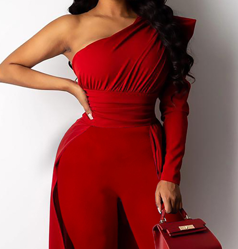 European And American New Style Red One-Shoulder Puff Sleeve Skinny Long Mop Jumpsuit - Plushlegacy