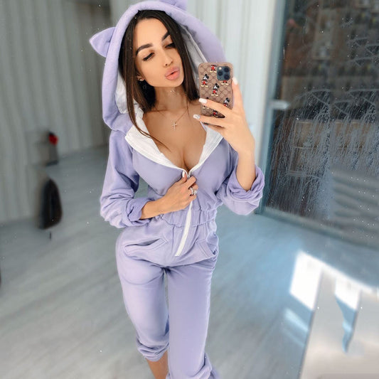Women Lounge Wear Cotton Solid Jumpsuit Sports Casual Rompers Female Long Sleeve Pocket - Plushlegacy
