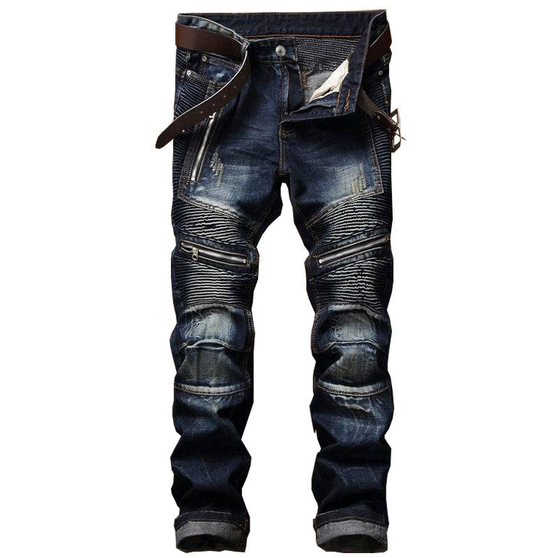 Men's Jeans Fashion Snowflake Fold Slim Fit Motorcycle Small Straight Trousers - Plushlegacy