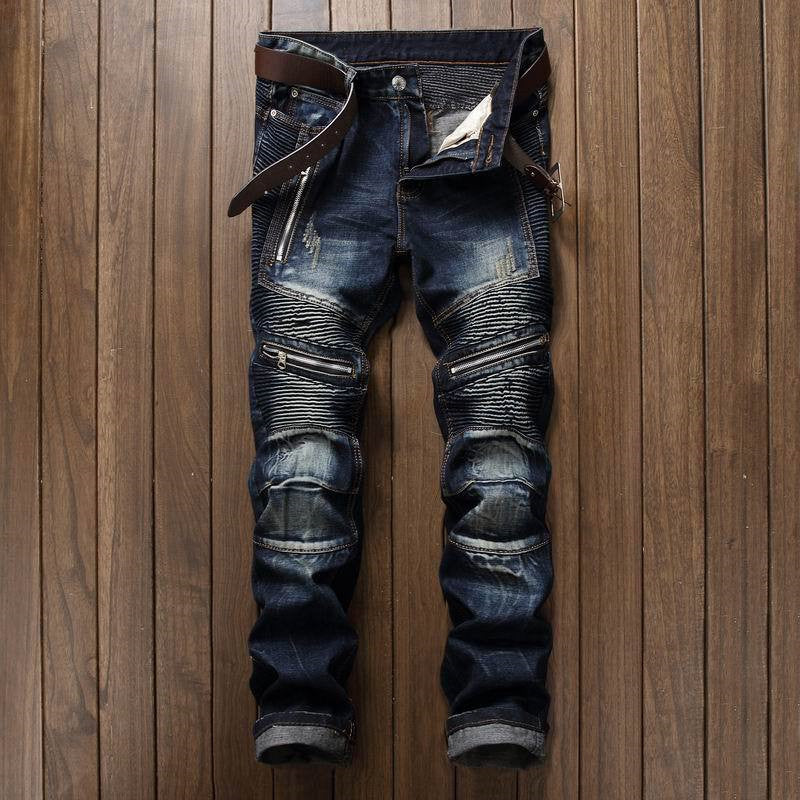 Men's Jeans Fashion Snowflake Fold Slim Fit Motorcycle Small Straight Trousers - Plushlegacy