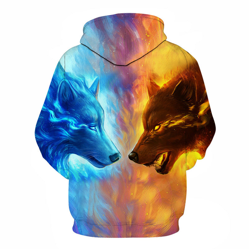 Ice Fire Wolf White Lion Print Hoodie - Plushlegacy