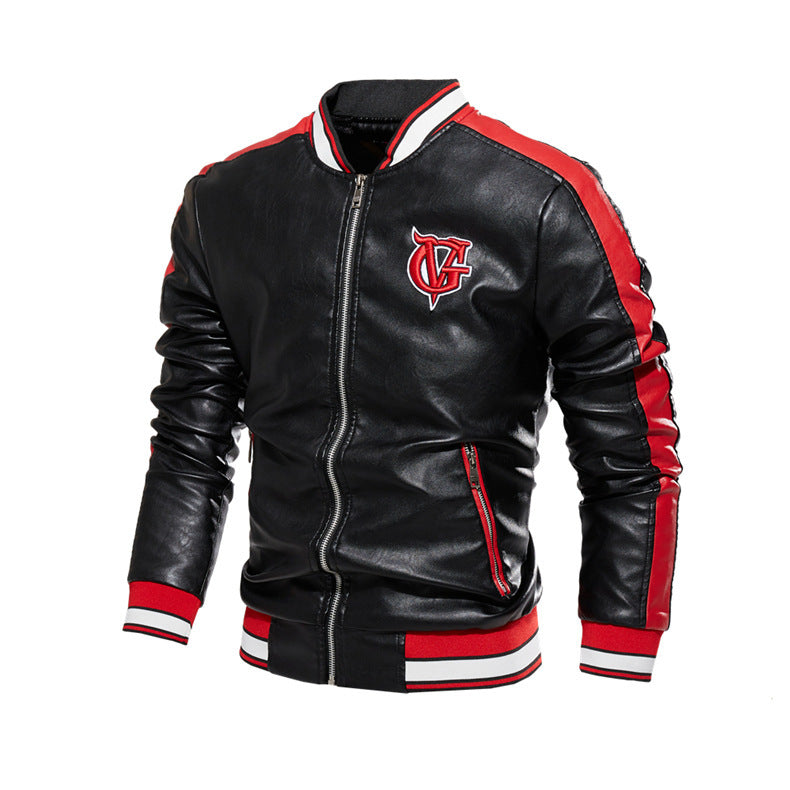 Leather Jacket Men's Stand-up Collar Color Block Faux Leather Jacket Zipper Embroidered Jacket - Plushlegacy