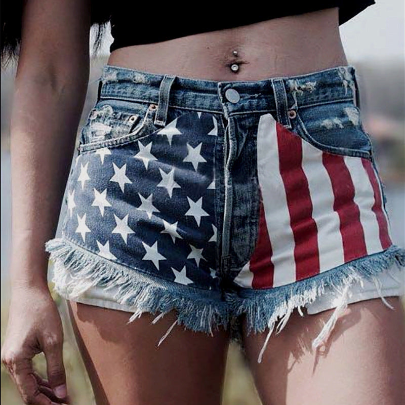 Summer Jeans Women Print Shorts With Ripped Fringe Fringe