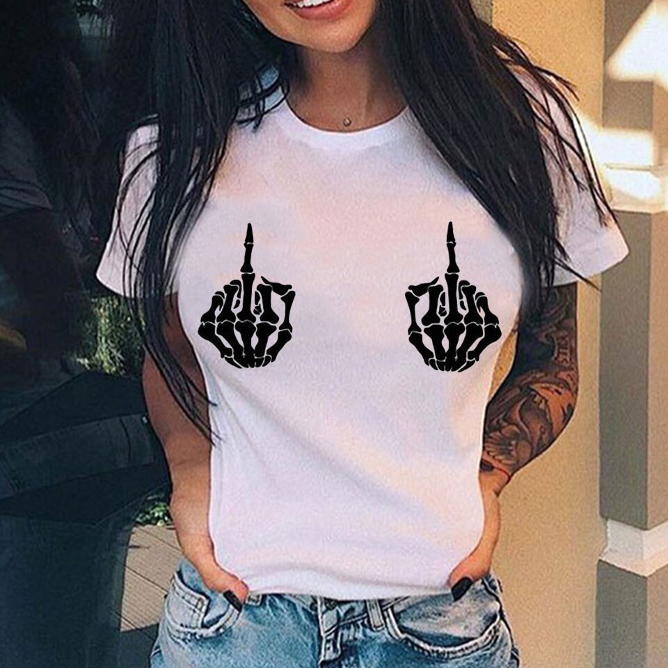 Personalized Vertical Middle Finger Print Street Casual Loose Ladies T-shirt - Plushlegacy