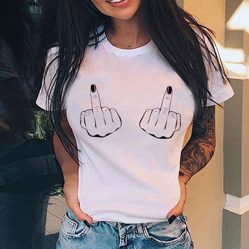 Personalized Vertical Middle Finger Print Street Casual Loose Ladies T-shirt - Plushlegacy