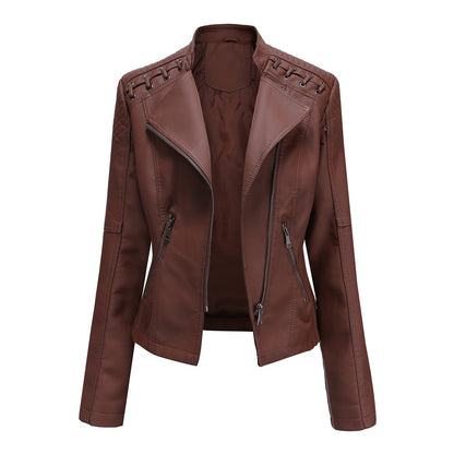 cross-border European code new spring and autumn women's leather jacket women's short jacket slim thin leather jacket ladies motorcycle clothing - Plushlegacy