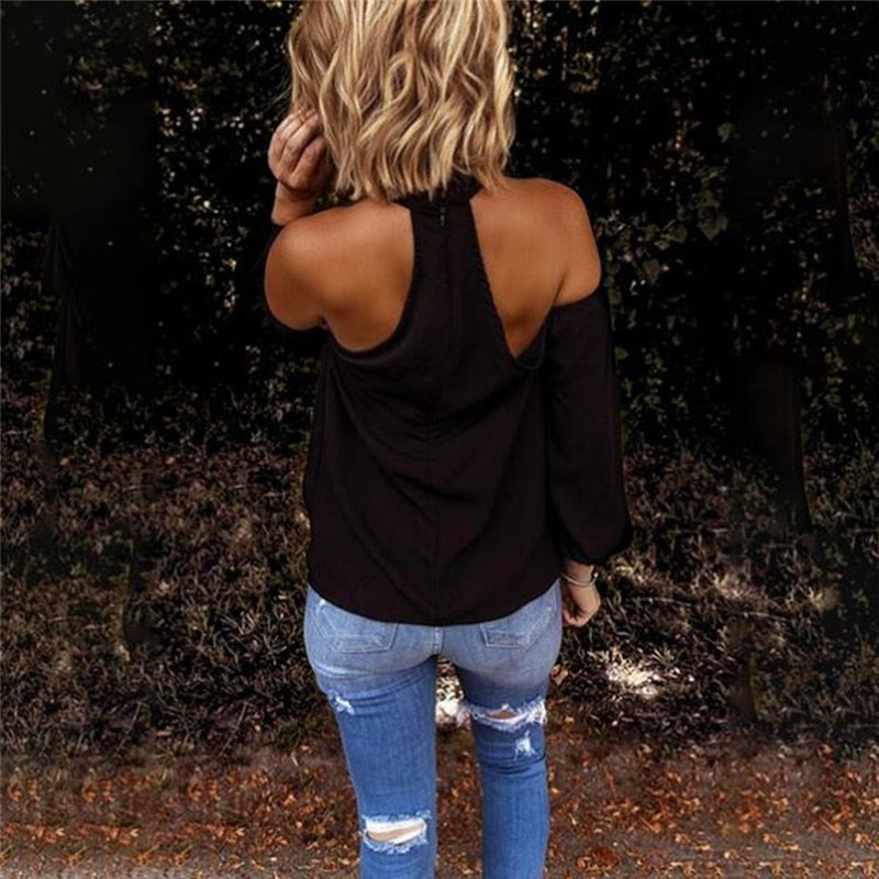 Fashion Solid Color Halter Neck Strapless T-Shirt Casual  Long Sleeve Women T Shirts Lady Elegant Top Party Tee Shirt - Plushlegacy