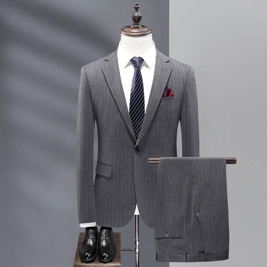 Suit set male 2021 new British wind striped suit set wedding groom dress suit three-piece male - Plushlegacy