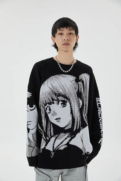 Mens Hip Hop Streetwear Harajuku Sweater Vintage Retro Japanese Style Anime Girl Knitted Sweater  Autumn Cotton Pullover - Plushlegacy