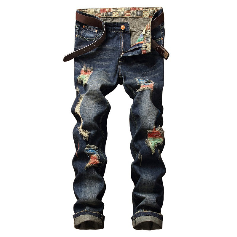 European and American street personality paint jeans men's hole straight jeans